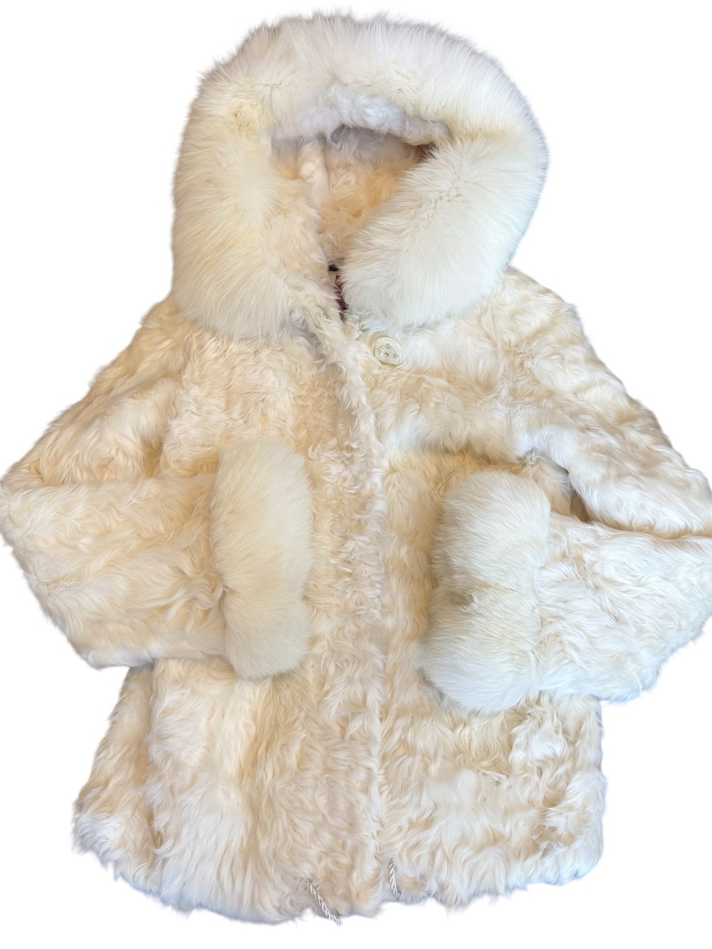 Luxury white curly sheep fur coat jacket with arctic fox hood - Picture 4 of 17